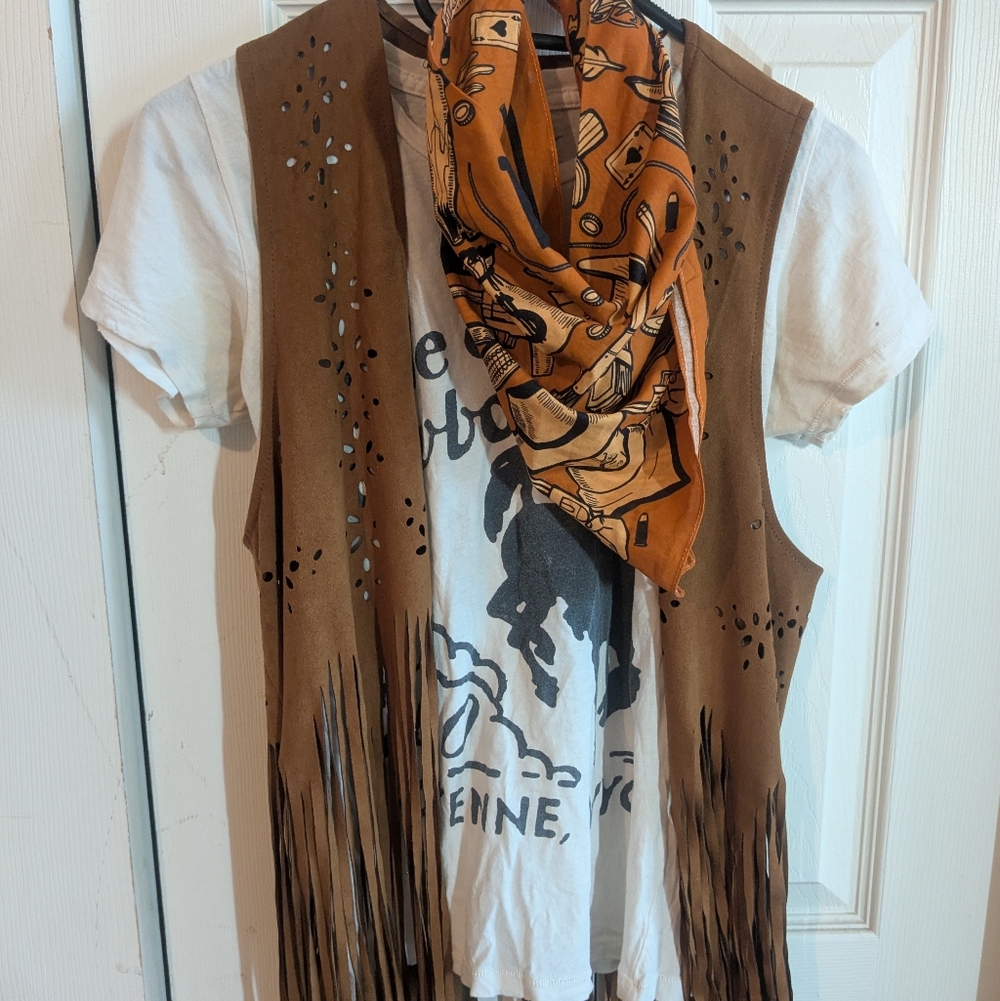 Brown Fringe Vest with "Ride Em Cowboy" Tee & Western Bandana